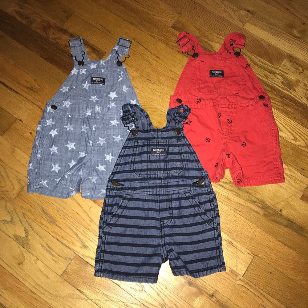 3 OshKosh Bgosh short overall bibs size 12m boys